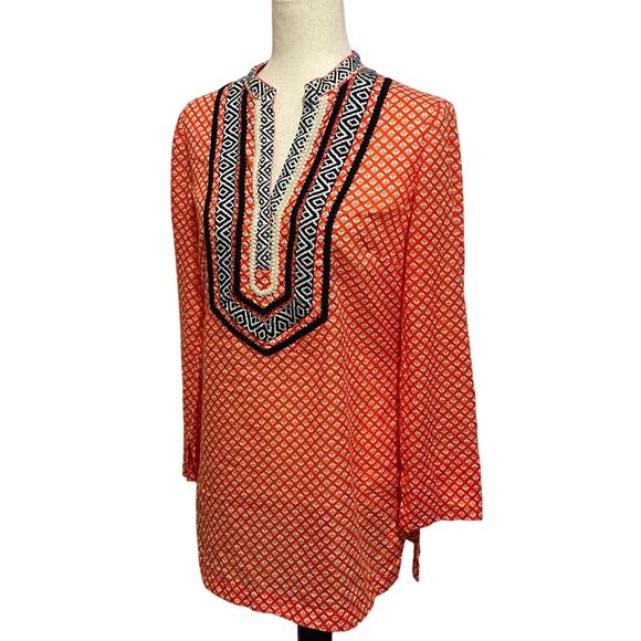 Tory Burch Women’s Tunic Top Cotton Classic Modern Size 6 Orange White Navy - Picture 1 of 12